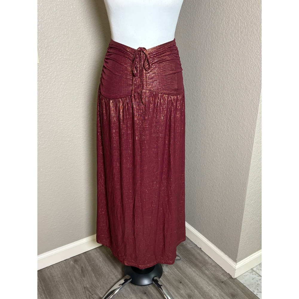 Cider Womens XS‎ Red Gold Metallic Plisse Ruched Maxi Skirt